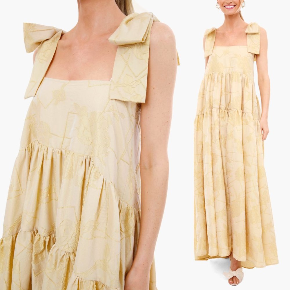 NEW Tuckernuck x Sister Jane Floral Square Neck Tiered Bow Shoulders Maxi Dress - Picture 1 of 13